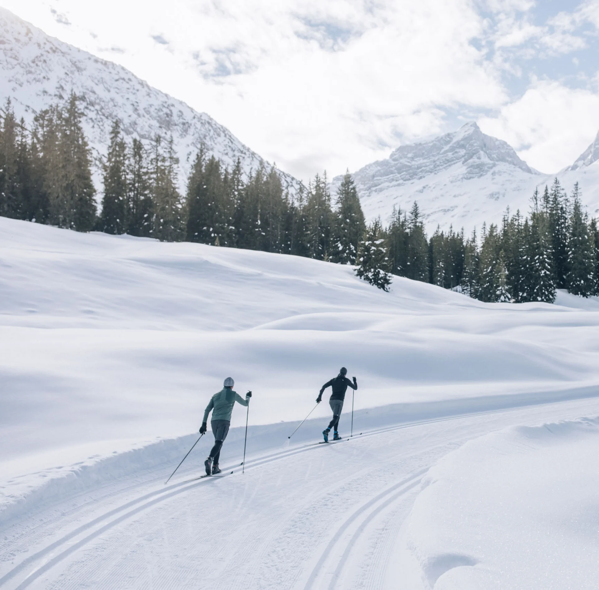 Zwei Skifahrer in verschneiter Berglandschaft mit Tannen und bewölktem Himmel